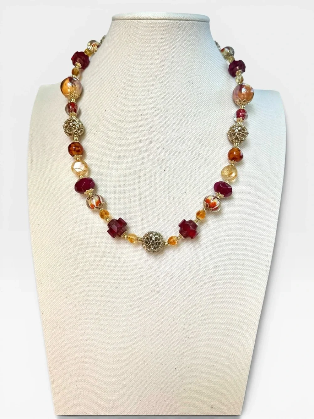 ARTISAN Lampwork Glass, Czech Glass, Ruby & Citrine Necklace